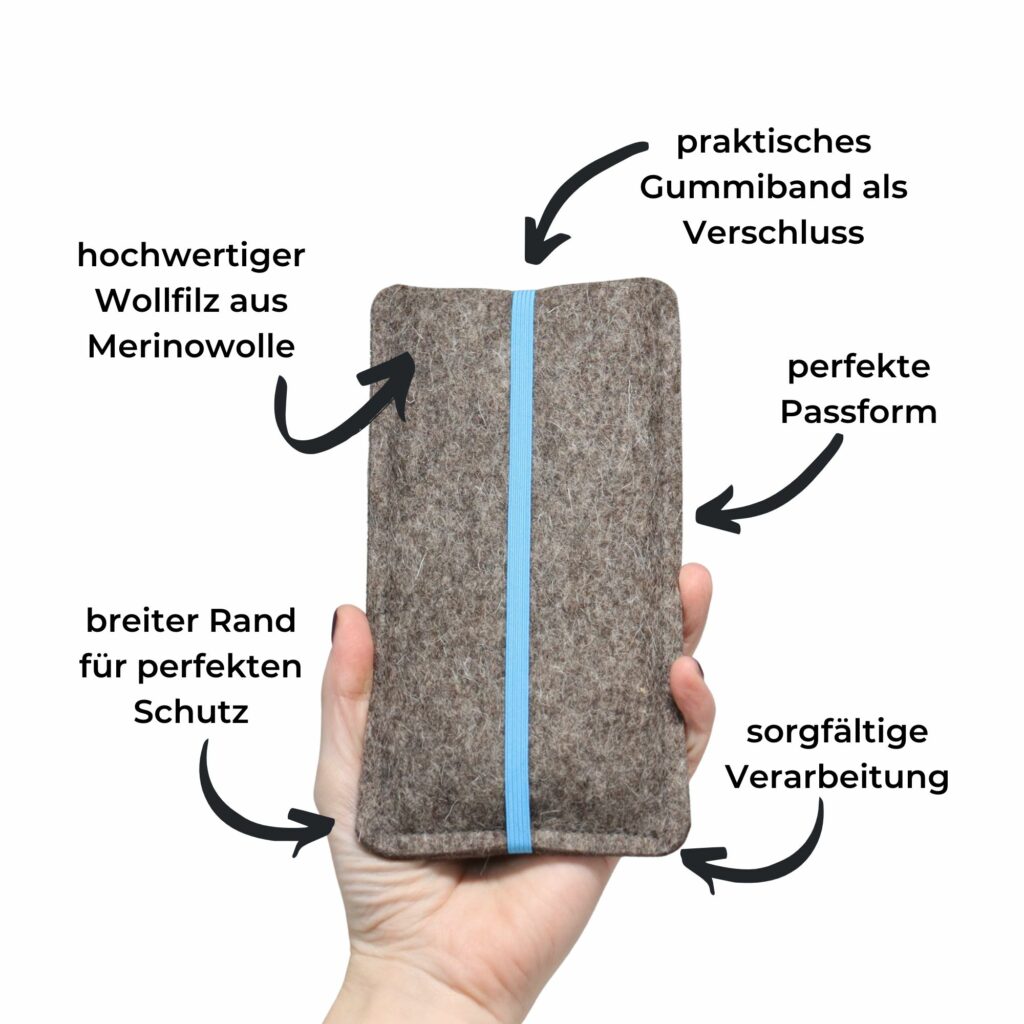 Handytasche mit Band - Filzhülle für dein Handy - blau 2 Handyhülle aus Filz mit blauem Gummiband