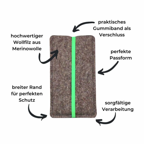 Handyhülle aus Filz mit grünem Gummiband, handgemacht