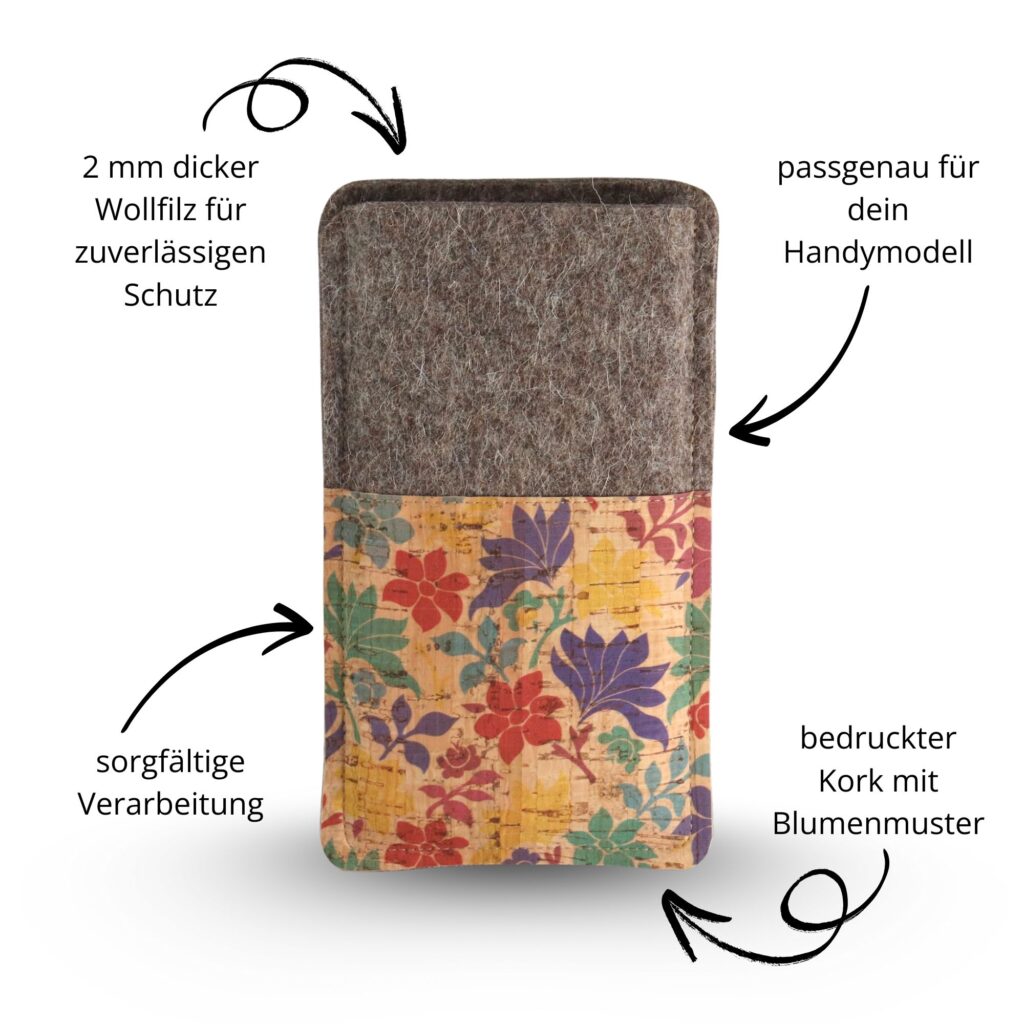 iPhone 15 / 15 Pro Filzhülle mit Kork - Blumenprint - handmade