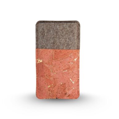 Handgemachte Handytasche aus Filz und korallfarbenem Kork mit Goldmuster, Ansicht von vorne