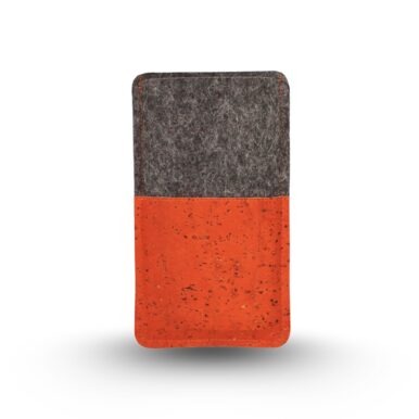Handytasche aus grauem Wollfilz und orangefarbenem Kork