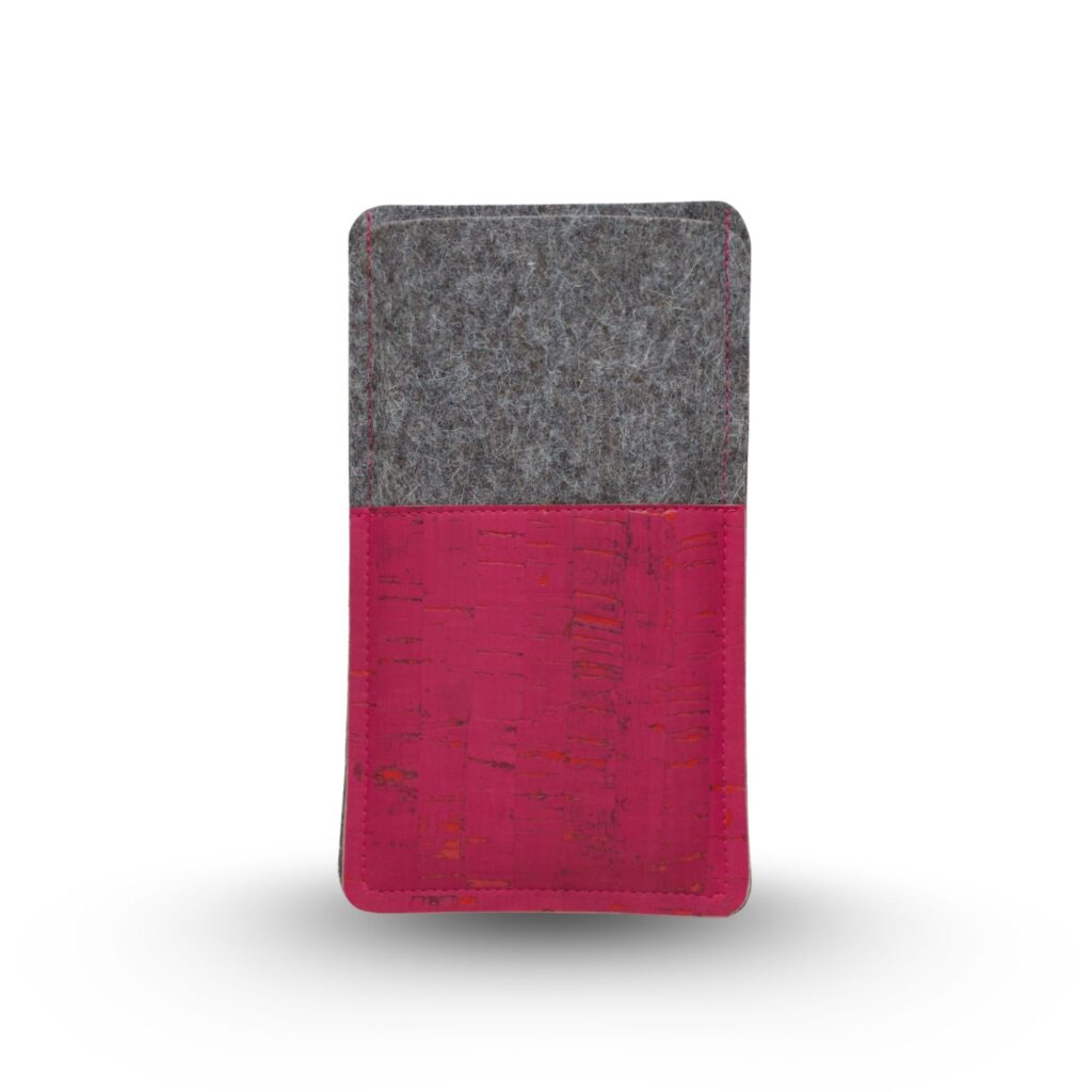 Handytasche aus grauem Filz und pinkem Kork