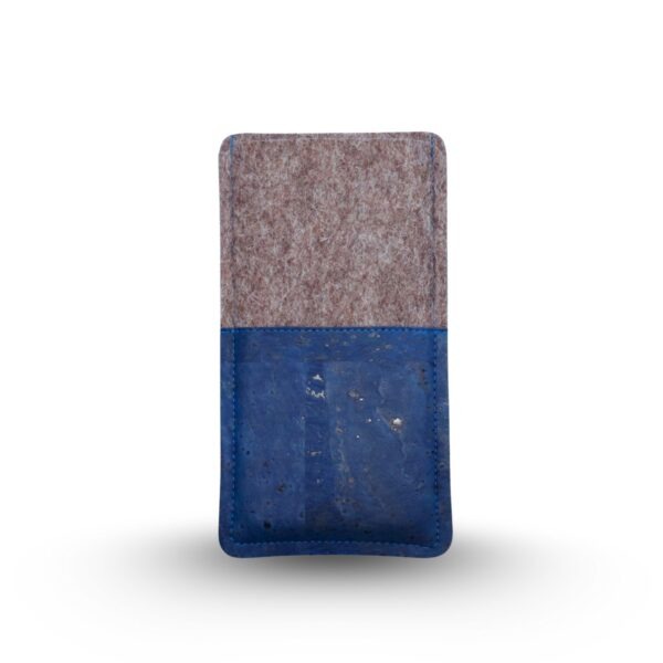 Handytasche aus blauem Kork und grauem Wollfilz