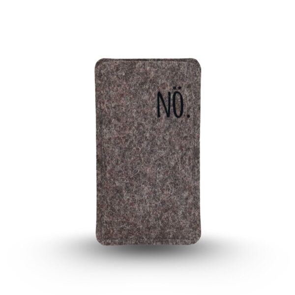 Handytasche aus grauem Wollfilz mit aufgeflocktem Text "NÖ."
