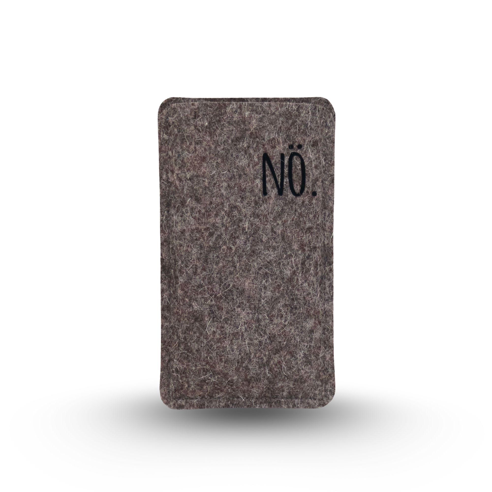 Handytasche aus grauem Wollfilz mit aufgeflocktem Text "NÖ."