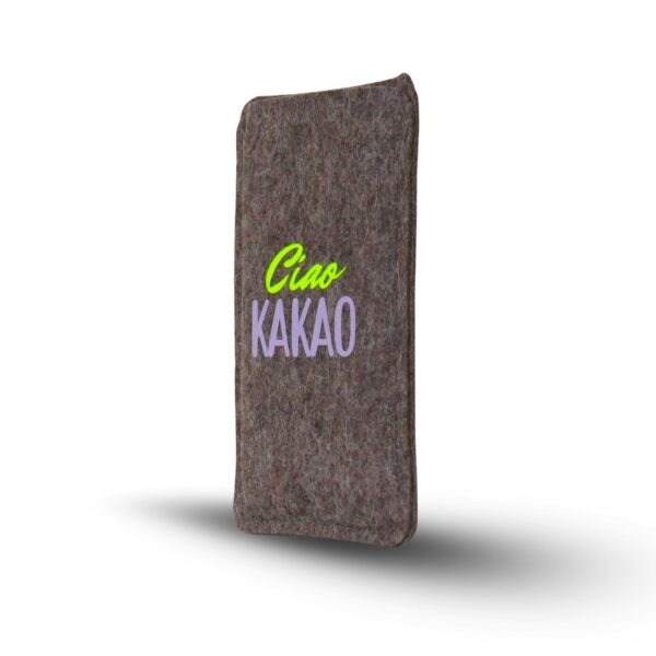 Handytasche aus grauem Filz mit Print "Ciao Kakao", seitlich