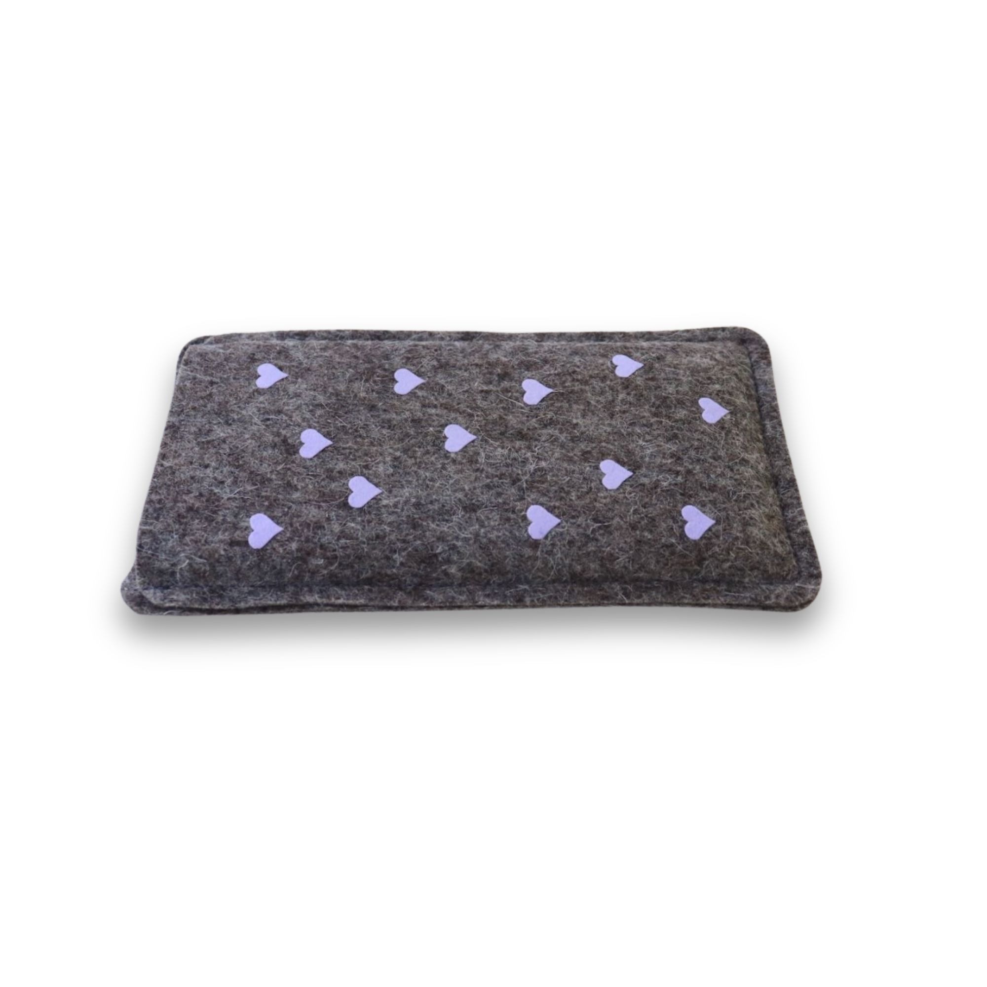 Handytasche aus grauem Filz mit fliederfarbenem Herzen-Allover Print