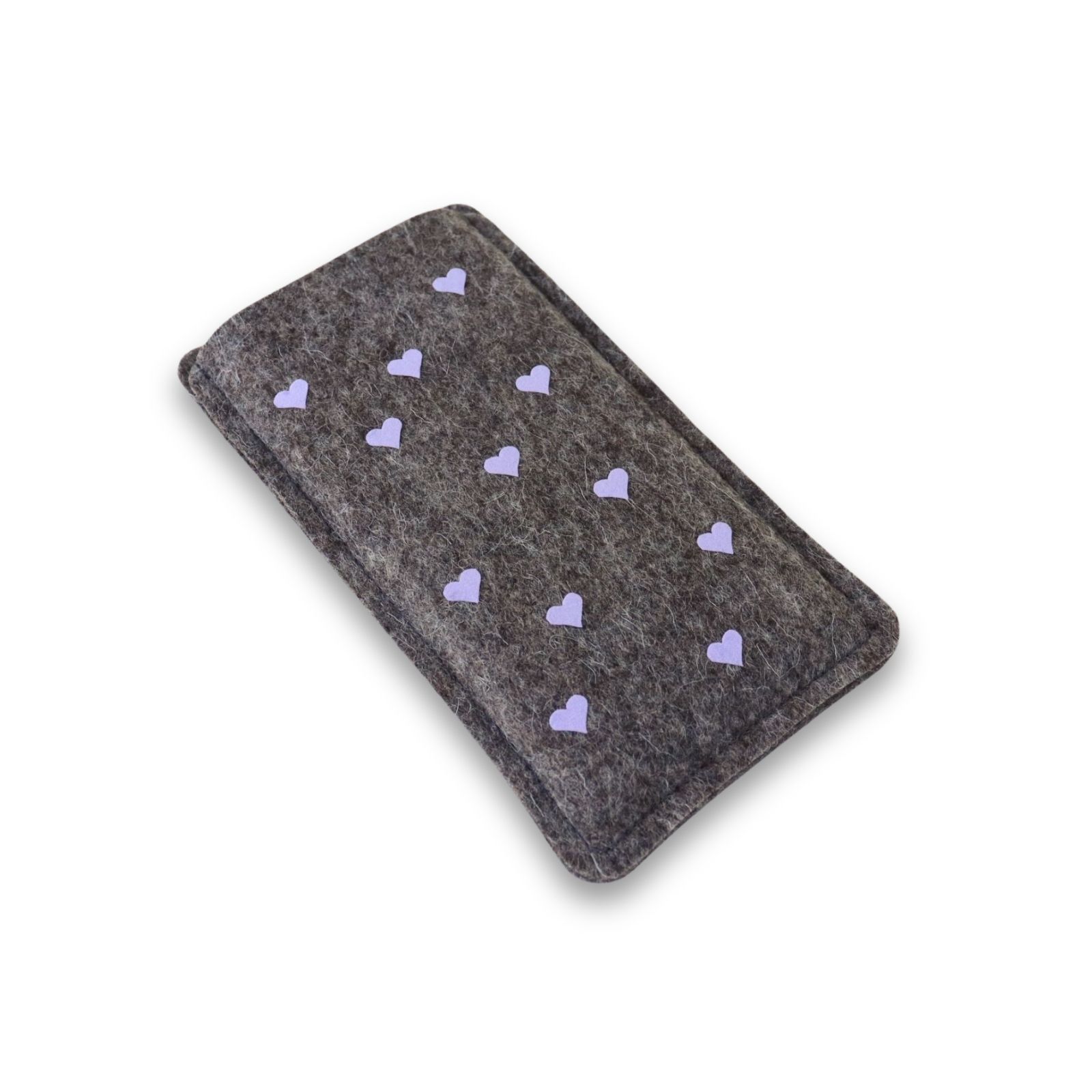 Handytasche aus grauem Filz mit fliederfarbenem Herzen-Allover Print