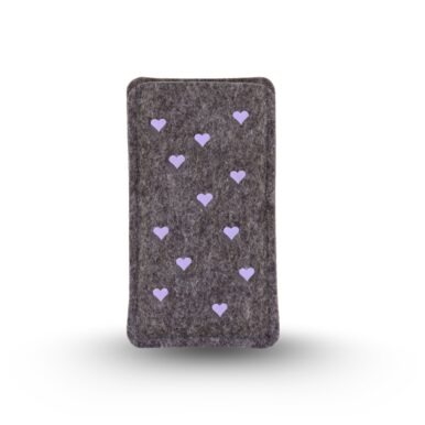 Handytasche aus grauem Filz mit fliederfarbenem Herzen-Allover Print