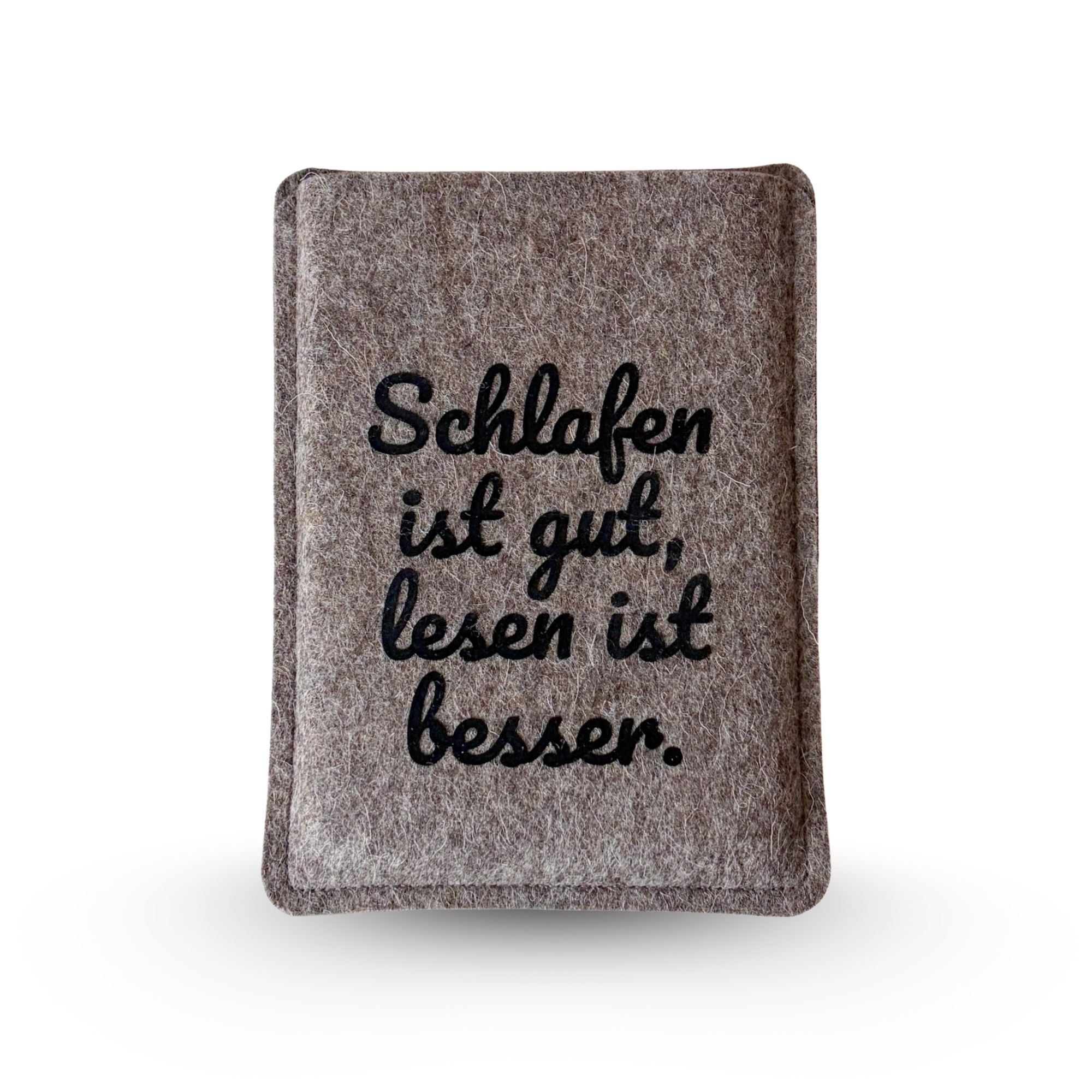 Graue Filzhülle für PocketBook Verse, mit schwarzem Flockprint "Schlafen ist gut, lesen ist besser."
