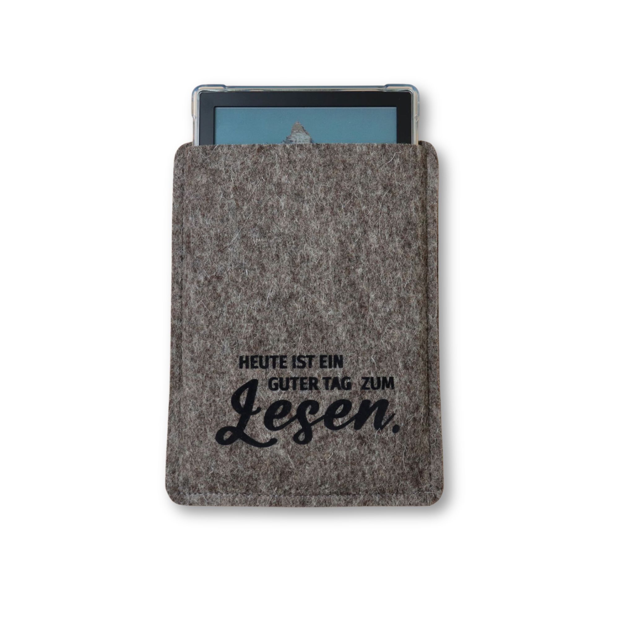 Hülle für eBook Reader aus grauem Wollfilz mit schwarzem Flockprint "Heute ist ein guter Tag zum Lesen."